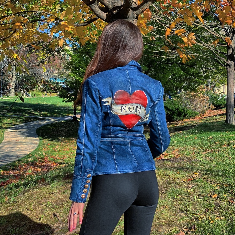 Denim jacket with a hand painted design Mom